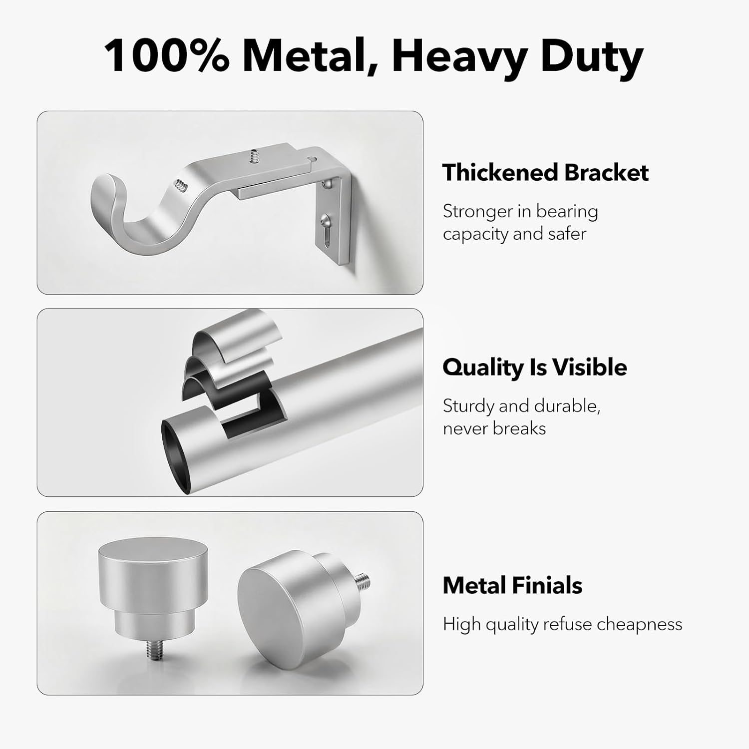 Heavy Duty Curtain Rods for Windows 66 to 120 Inch, 1 Inch Silver Window Curtain Rod for Bedroom, Living Room, Outdoor, Adjustable Easy Install Long Modern Curtain Rods(A1,Silver,30-120)